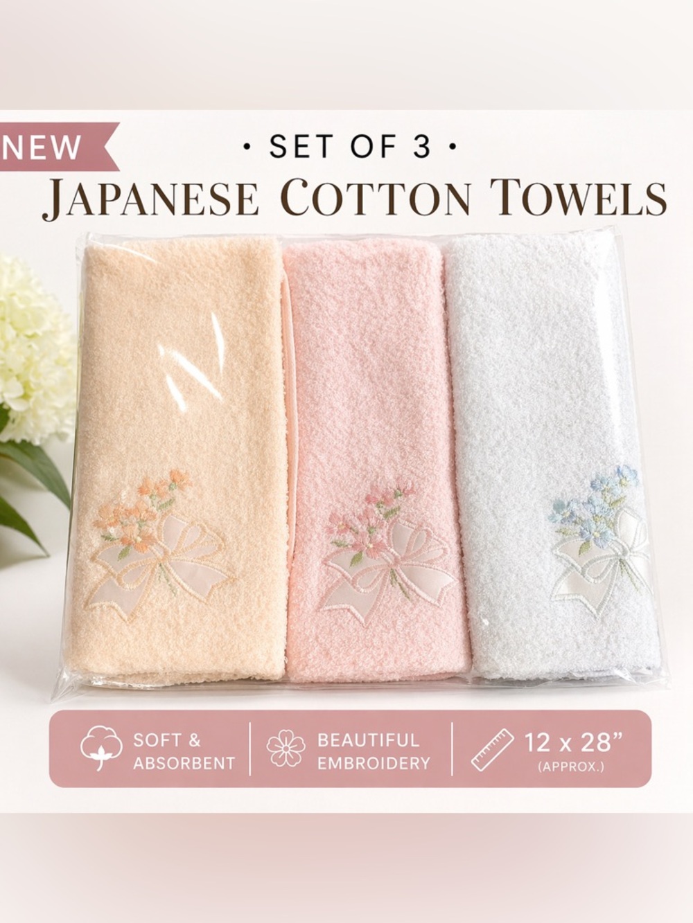 Set of 3 Japanese Cotton Face Towels | Soft Floral Embroidery | 12x28” | New